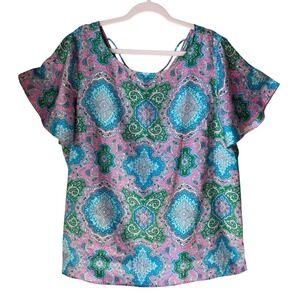 Talbots Woman Blouse Pink Turquoise Paisley Print Short Flutter Sleeve Size 2X